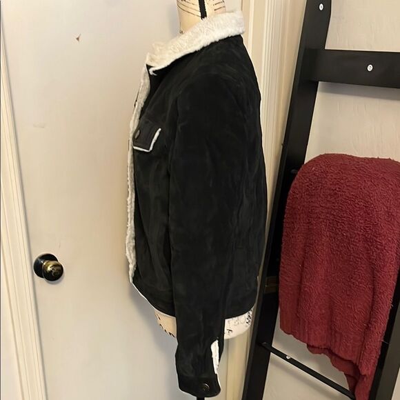 Oscar Piel Black Sherpa-Lined Genuine Suede Leather Pockets Jacket Bohemian - Picture 4 of 9